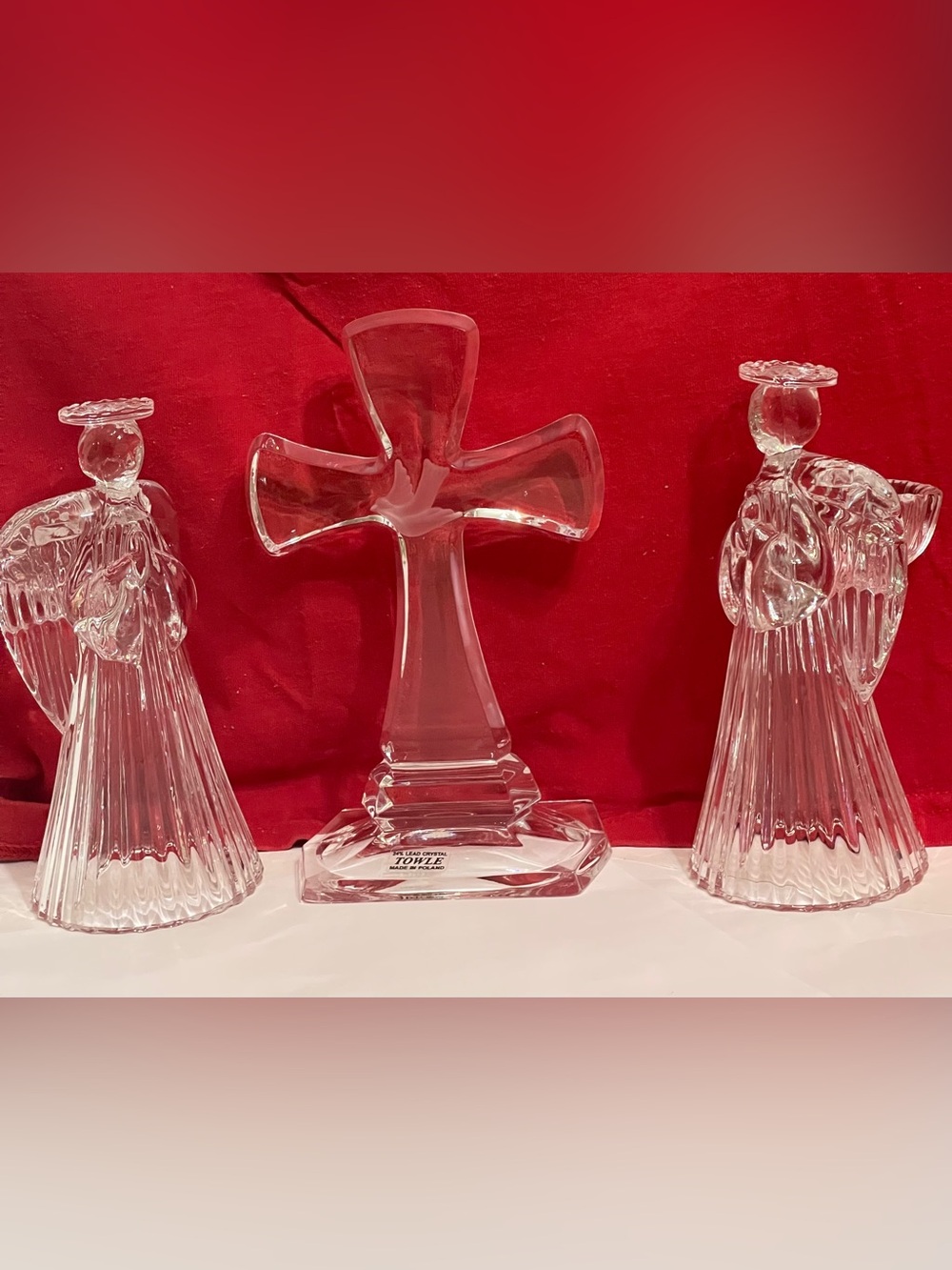 Vintage 3 Pcs. Crystal Clear Glass Prayer Angels Candle holders & Cross w Dove